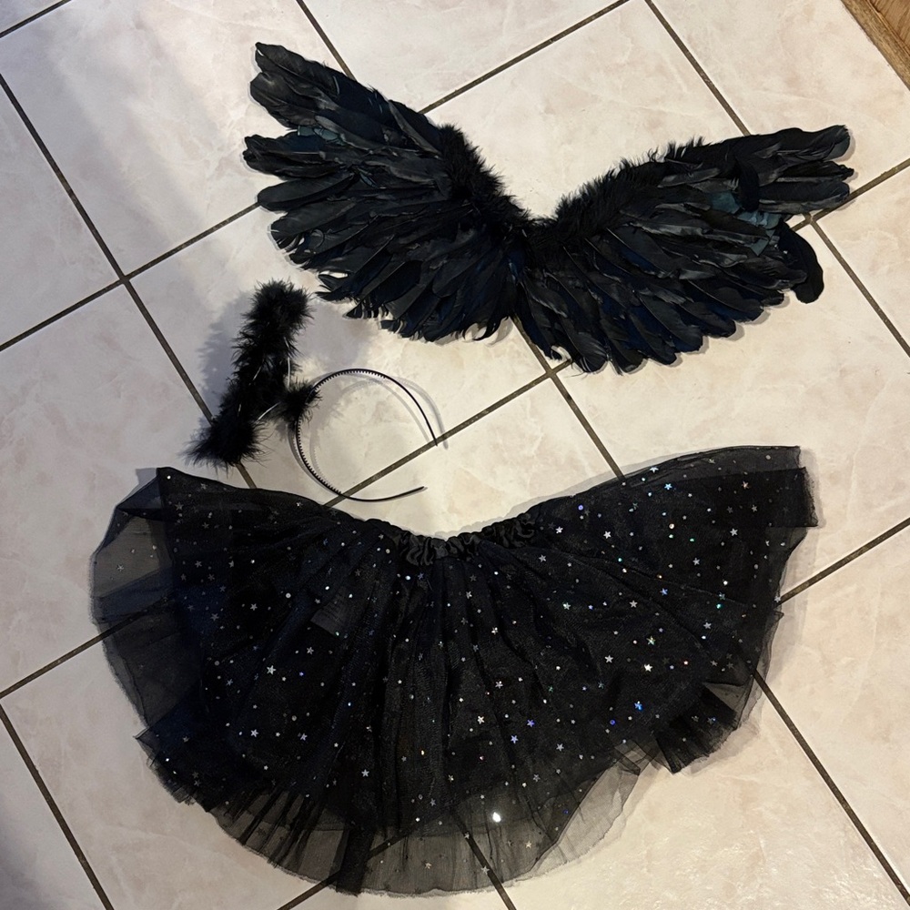 Black Angel Black Feather Wings and Tutu Set